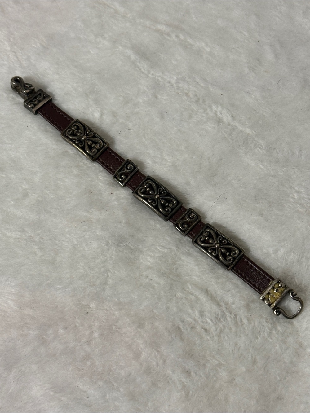 Source Unknown Brown Leather Bracelet with Ornate Silver-Tone Accents